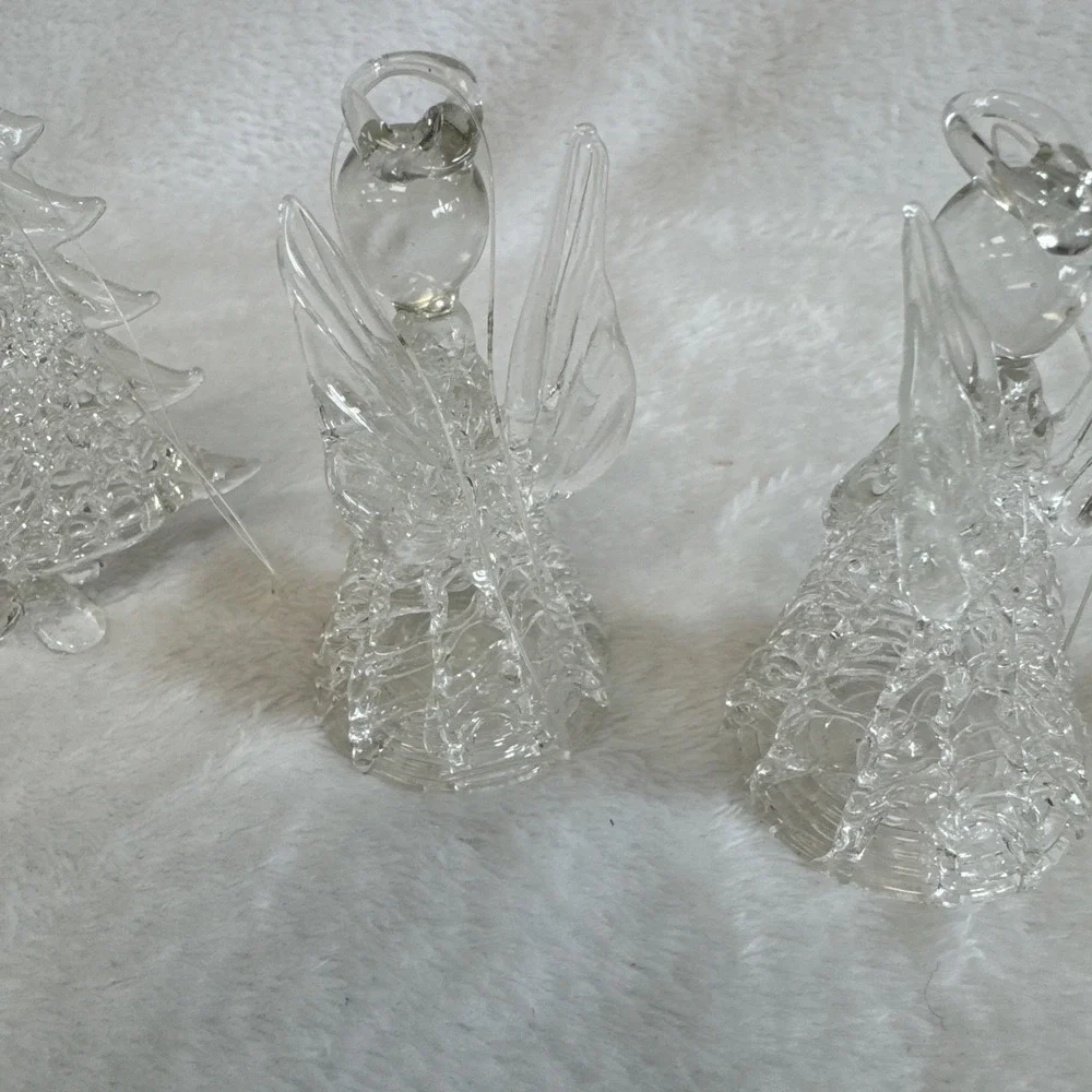 Vintage Spun Glass Angel (3) Christmas Tree (1)‎ Ornaments Lot Of 4 Clear Glass